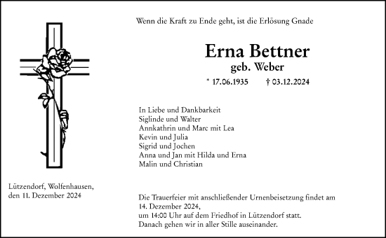 Traueranzeige von Erna Bettner von Weilburger Tageblatt