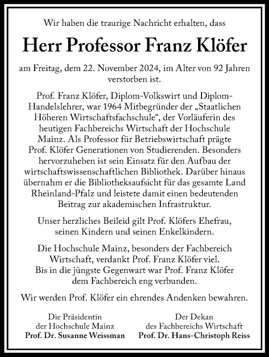 Traueranzeige von Franz Klöfer von Allgemeine Zeitung Mainz