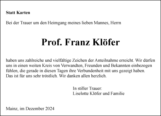 Traueranzeige von Franz Klöfer von Allgemeine Zeitung Mainz