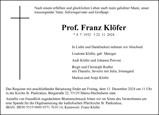 Traueranzeige von Franz Klöfer von Allgemeine Zeitung Mainz