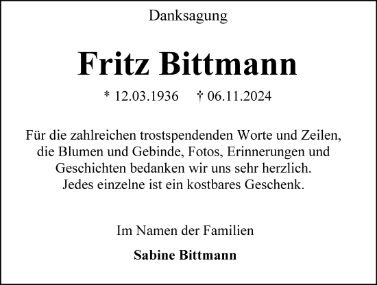 Traueranzeige von Fritz Bittmann von Allgemeine Zeitung Rheinhessen-Nahe