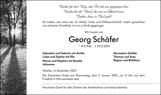 Traueranzeige von Georg Schäfer von Wetzlarer Neue Zeitung