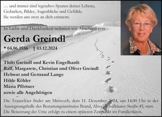 Traueranzeige von Gerda Greindl von Allgemeine Zeitung Alzey