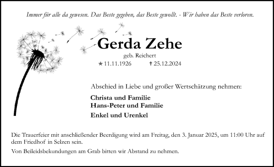 Traueranzeige von Gerda Zehe von Allgemeine Zeitung Mainz