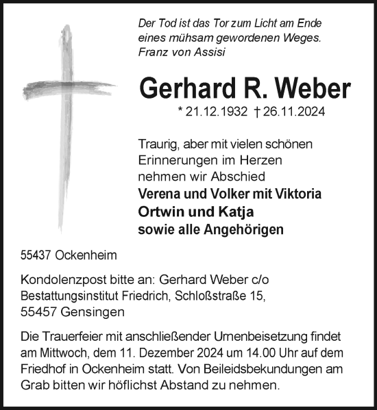 Traueranzeige von Gerhard Weber von Allgemeine Zeitung Rheinhessen-Nahe