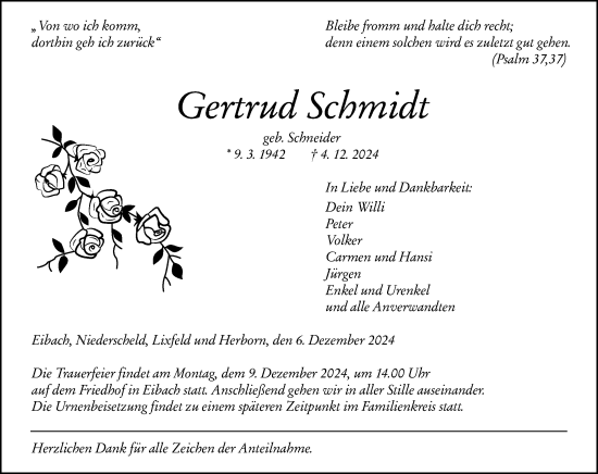 Traueranzeige von Gertrud Schmidt von Dill Block
