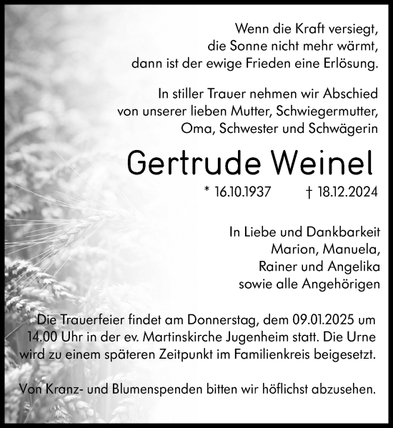 Traueranzeige von Gertrude Weinel von Allgemeine Zeitung Alzey