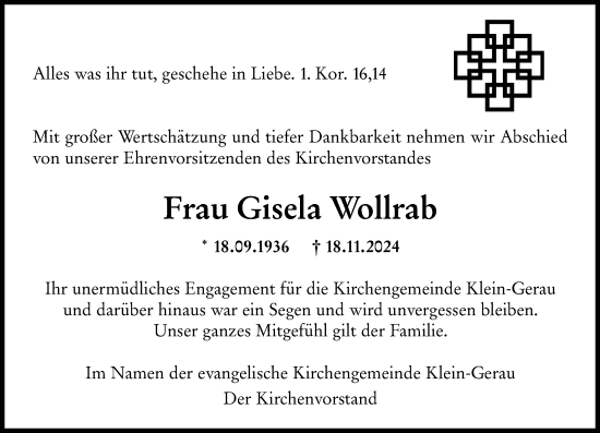 Traueranzeige von Gisela Wollrab von Groß-Gerauer Echo
