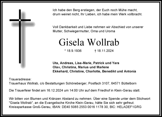 Traueranzeige von Gisela Wollrab von Groß-Gerauer Echo