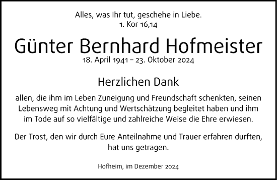 Traueranzeige von Günter Bernhard Hofmeister von Wormser Zeitung