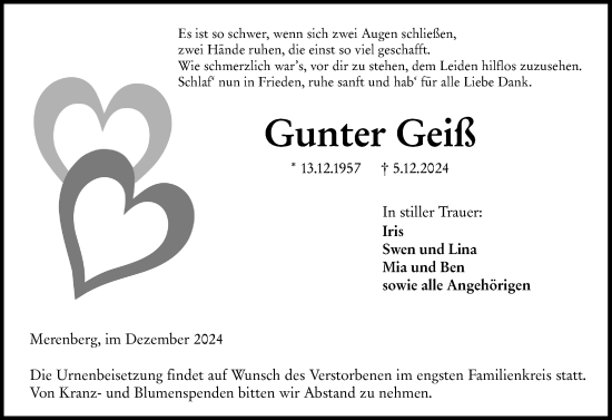 Traueranzeige von Gunter Geiß von Weilburger Tageblatt
