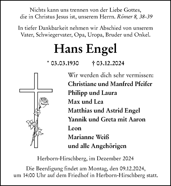 Traueranzeige von Hans Engel von Dill Block