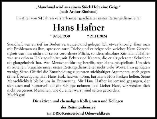 Traueranzeige von Hans Hafner von Odenwälder Echo