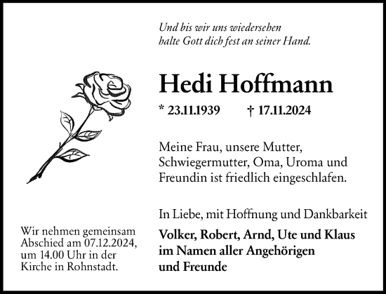 Traueranzeige von Hedi Hoffmann von Weilburger Tageblatt