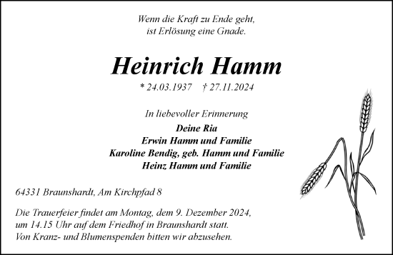 Traueranzeige von Heinrich Hamm von Darmstädter Echo