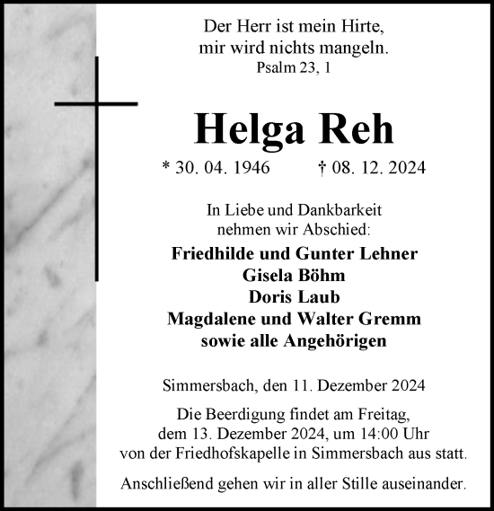Traueranzeige von Helga Reh von Dill Block