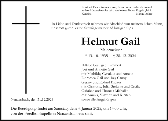 Traueranzeige von Helmut Gail von Dill Block