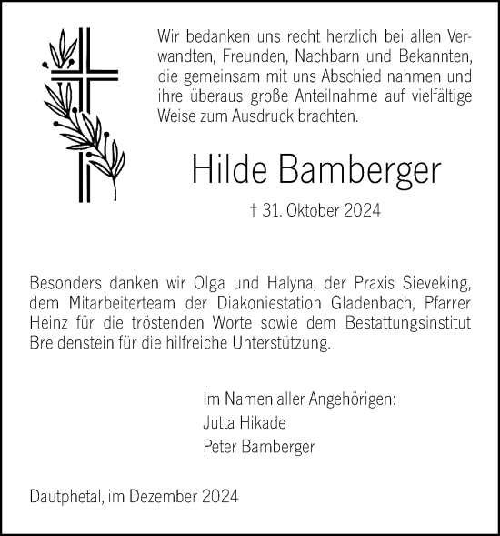 Traueranzeige von Hilde Bamberger von Hinterländer Anzeiger
