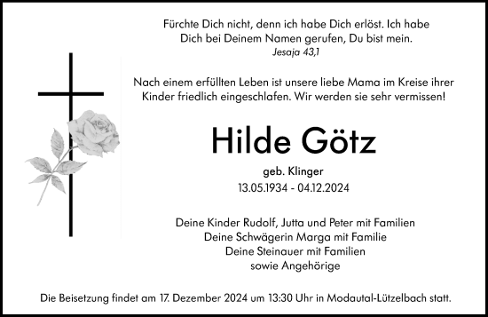 Traueranzeige von Hilde Götz von Bergsträßer Anzeiger