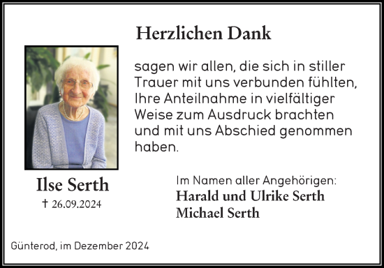 Traueranzeige von Ilse Serth von Hinterländer Anzeiger