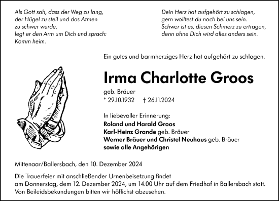 Traueranzeige von Irma Charlotte Groos von Dill Block
