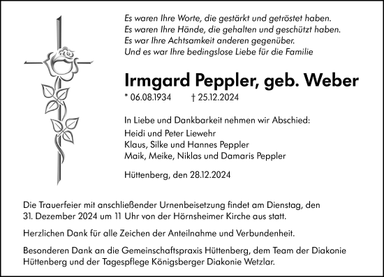 Traueranzeige von Irmgard Peppler von Wetzlarer Neue Zeitung