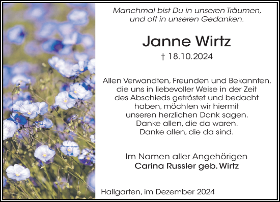 Traueranzeige von Janne Wirtz von Rheingau Kurier