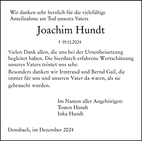 Traueranzeige von Joachim Hundt von Dill Block