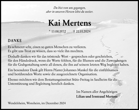 Traueranzeige von Kai Mertens von Allgemeine Zeitung Alzey