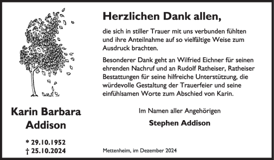 Traueranzeige von Karin Barbara Addison von Wormser Zeitung