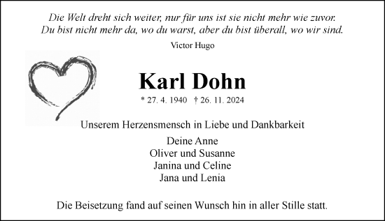 Traueranzeige von Karl Dohn von Allgemeine Zeitung Alzey