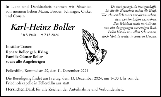 Traueranzeige von Karl-Heinz Boller von Dill Block