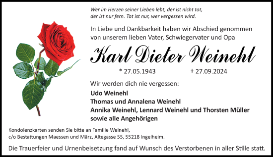 Traueranzeige von Karl Dieter Weinehl von Allgemeine Zeitung Rheinhessen-Nahe
