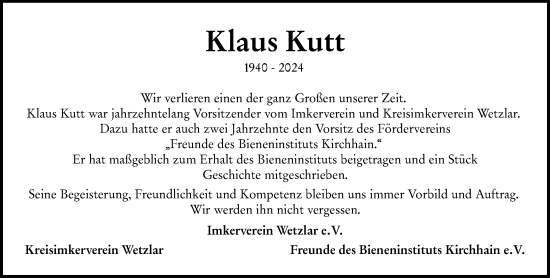 Traueranzeige von Klaus Kutt von Wetzlarer Neue Zeitung
