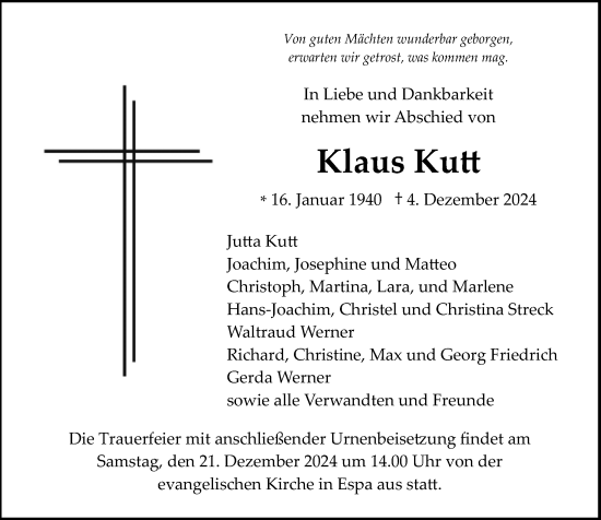 Traueranzeige von Klaus Kutt von Wetzlarer Neue Zeitung