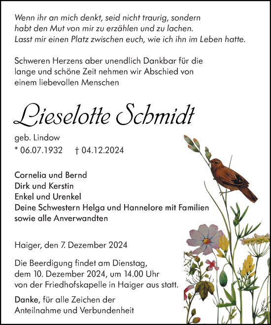 Traueranzeige von Lieselotte Schmidt von Dill Block