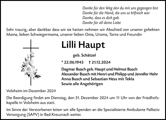 Traueranzeige von Lilli Haupt von Allgemeine Zeitung Rheinhessen-Nahe