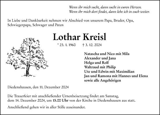 Traueranzeige von Lothar Kreisl von Hinterländer Anzeiger