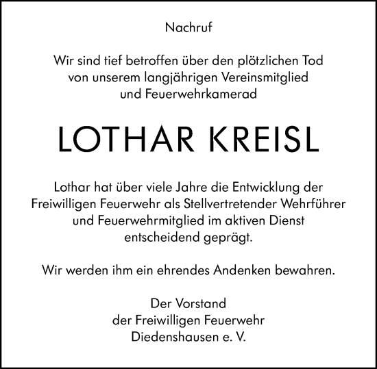 Traueranzeige von Lothar Kreisl von Hinterländer Anzeiger
