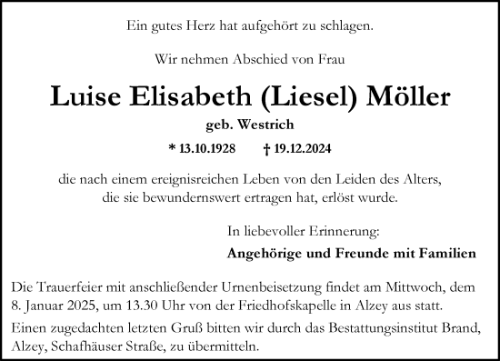Traueranzeige von Luise Elisabeth Möller von Allgemeine Zeitung Alzey