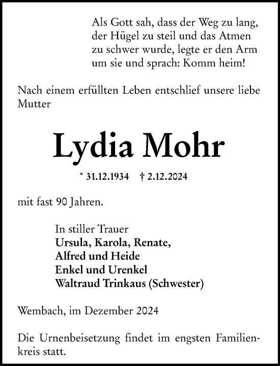 Traueranzeige von Lydia Mohr von Darmstädter Echo