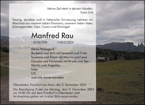 Traueranzeige von Manfred Rau von Hinterländer Anzeiger