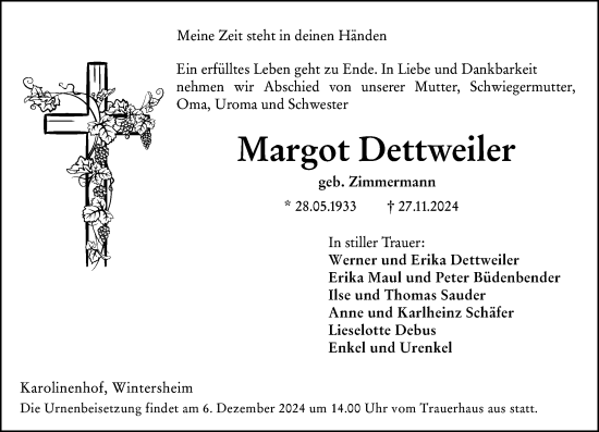 Traueranzeige von Margot Dettweiler von Wormser Zeitung