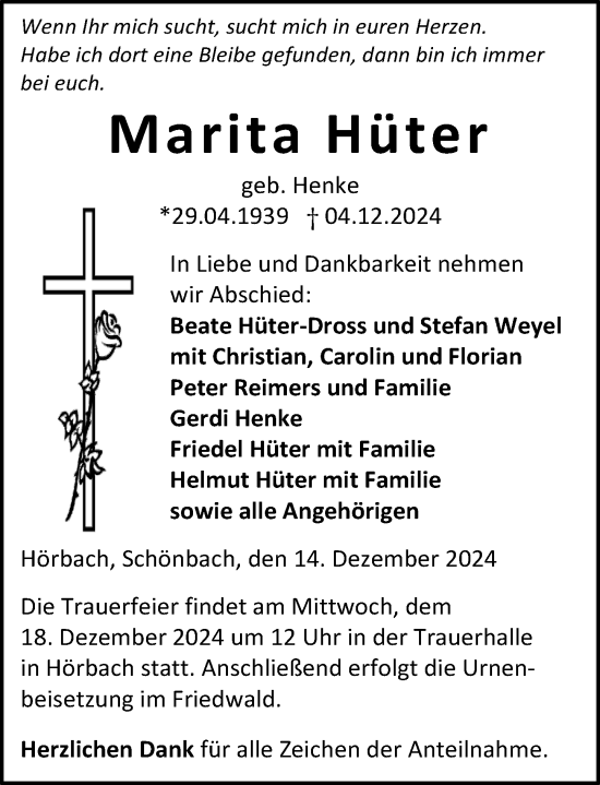 Traueranzeige von Marita Hüter von Dill Block
