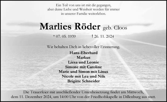 Traueranzeige von Marlies Röder von Dill Block