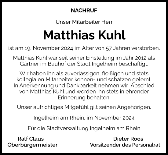 Traueranzeige von Matthias Kuhl von Allgemeine Zeitung Rheinhessen-Nahe