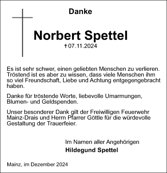 Traueranzeige von Norbert Spettel von Allgemeine Zeitung Mainz