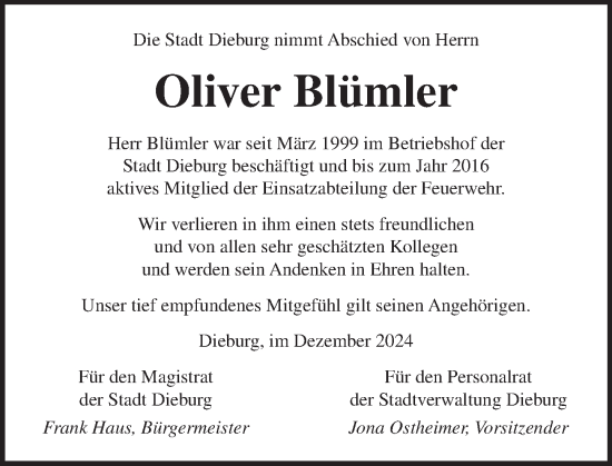Traueranzeige von Oliver Blümler von Dieburger Anzeiger/Groß-Zimmerner Lokal-Anzeiger