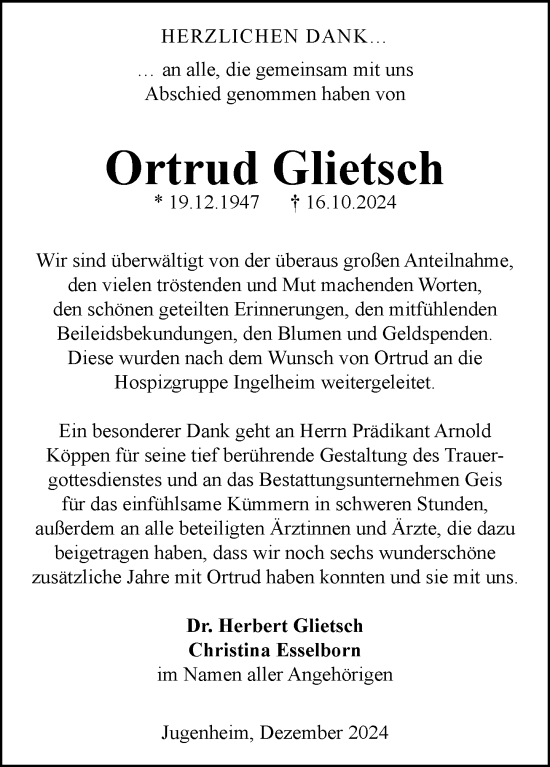 Traueranzeige von Ortrud Glietsch von Allgemeine Zeitung Mainz