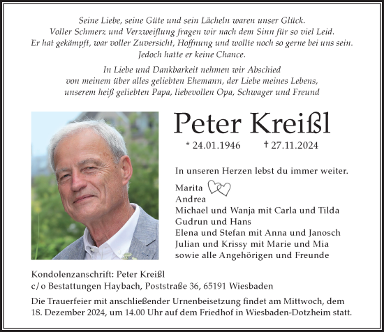 Traueranzeige von Peter Kreißl von Wiesbadener Kurier